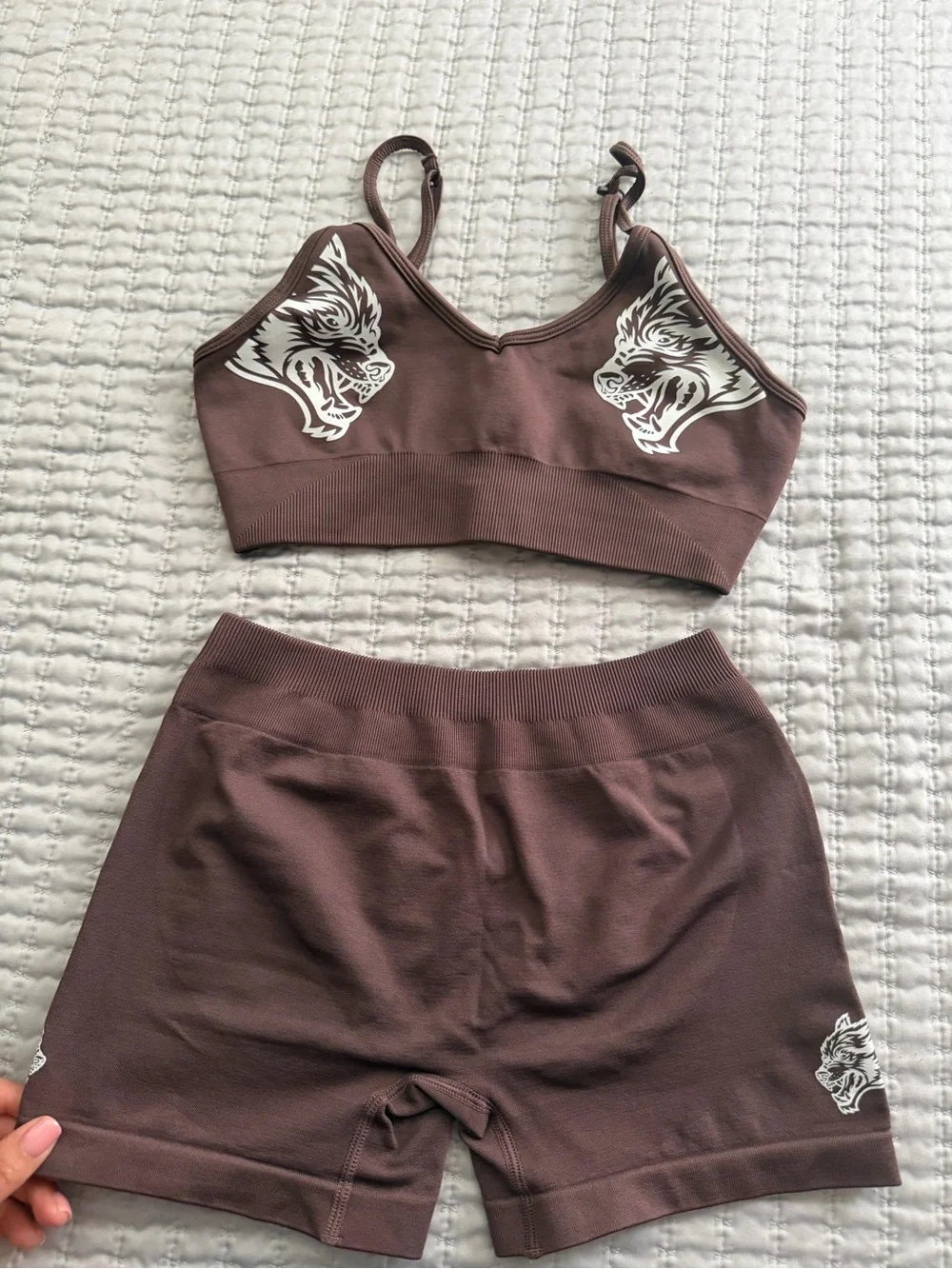 Darc Sport Brown Ribbed Pencil Skirt & Asymmetrical Crop Top Set with White Wolf
